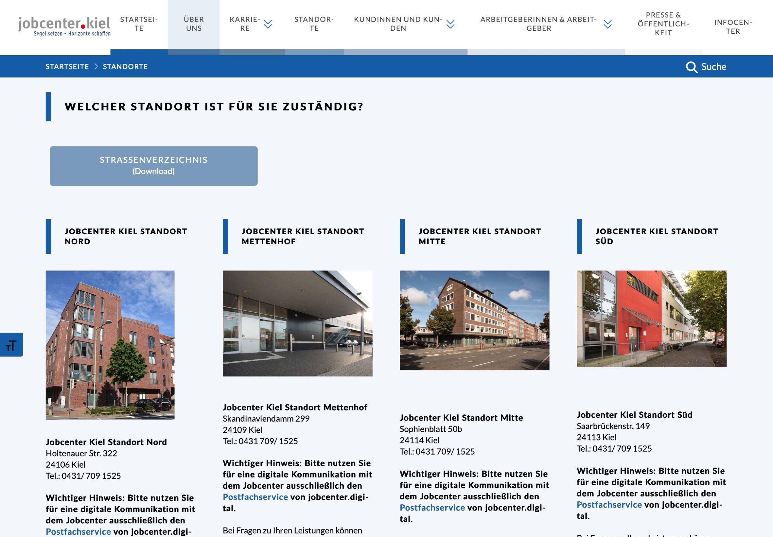 Standortkarte des Jobcenters Kiel mit verschiedenen Filialen in Kiel.